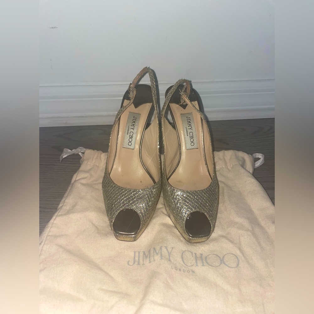 Authentic jimmy choo metallic peep toe pumps